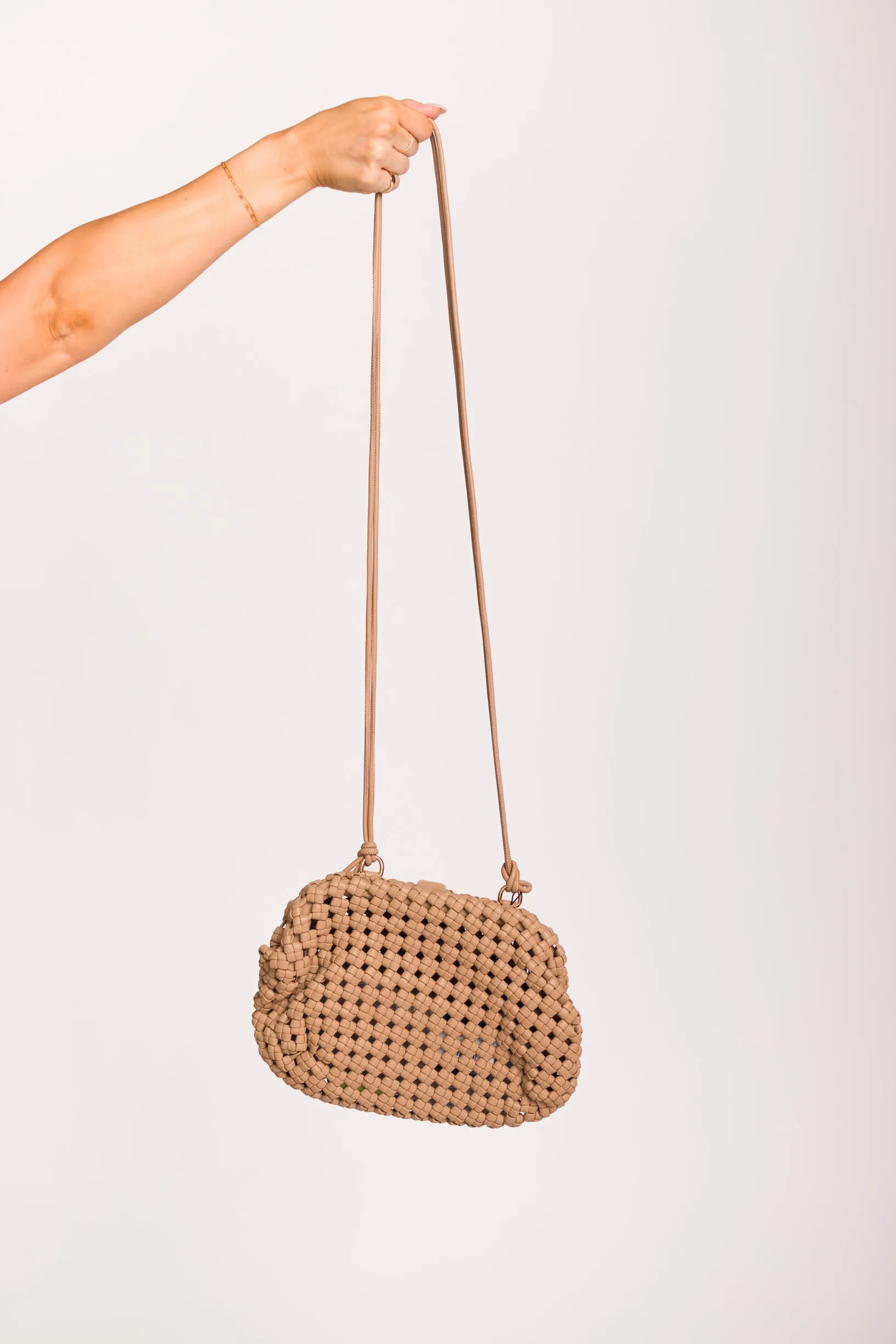 Braided Clutch with Long Strap in Taupe