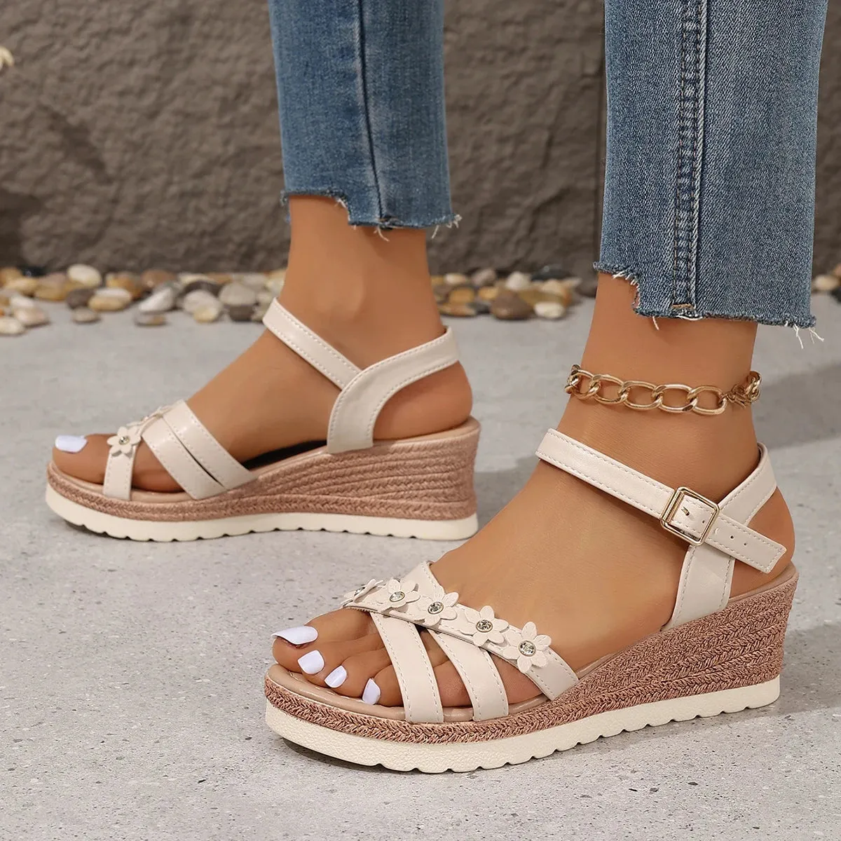 Fashion Flowrers Platform Sandals - Lightweight Ankle Strap