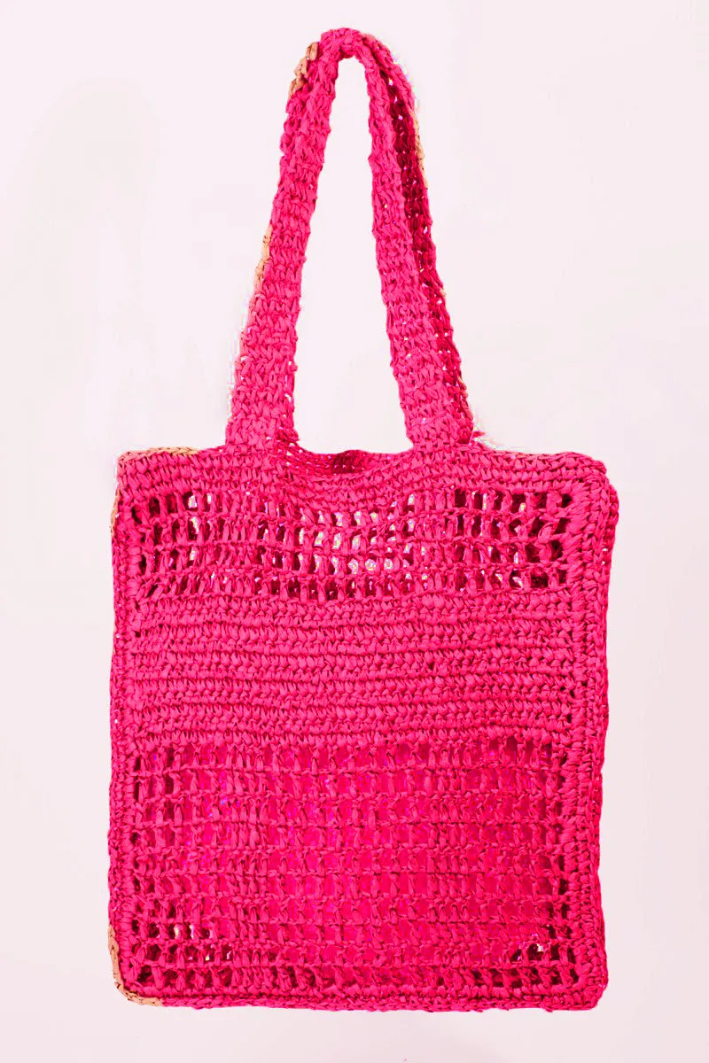 Hot Pink Crochet Tote and Beach Bag  Cutout Letter Graphic Handbag KESLEY