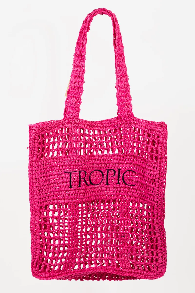 Hot Pink Crochet Tote and Beach Bag  Cutout Letter Graphic Handbag KESLEY