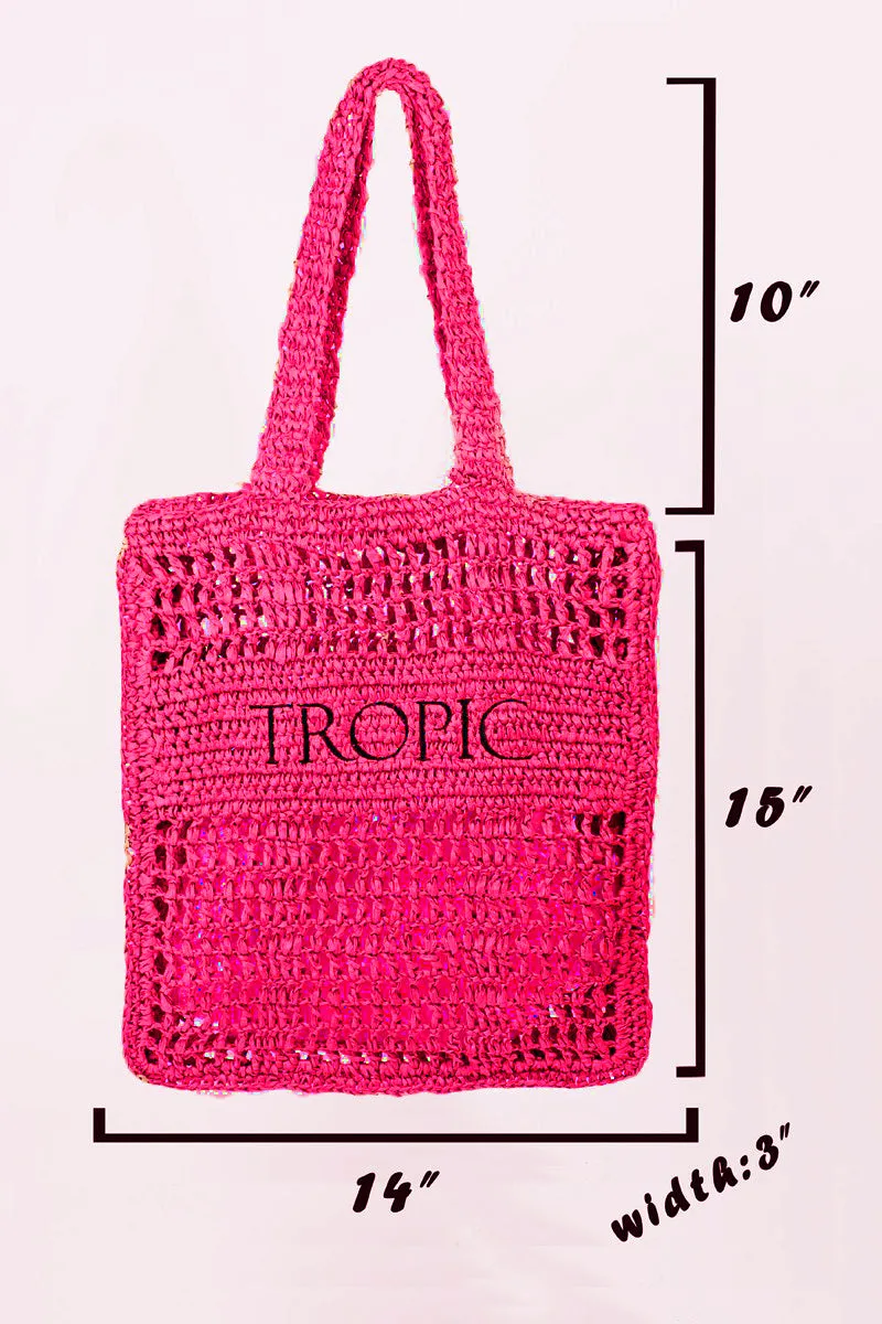 Hot Pink Crochet Tote and Beach Bag  Cutout Letter Graphic Handbag KESLEY