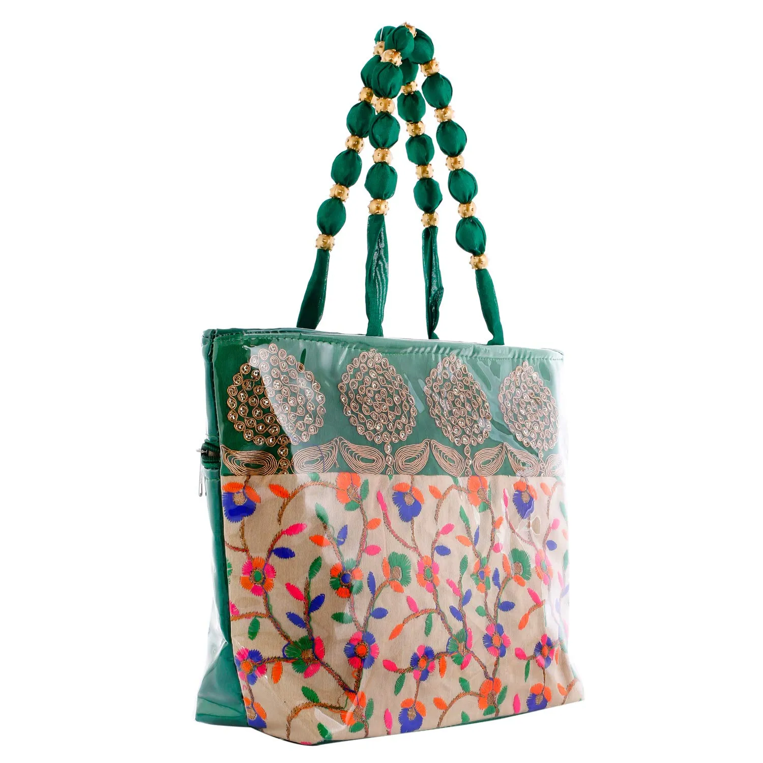 Kuber Industries Floral Design Silk Laminated Embroidered Women's Handbag (Green) - CTKTC23124