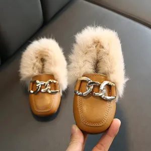 Luxury brand kid fur slippers boot retro antislip cotton shoe boy loafers winter plush kid shoe warm home shoe fashion girl shoe