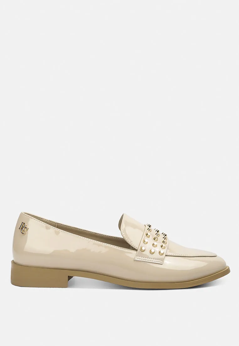 MEANBABE Semicasual Stud Detail Patent Loafers in Beige