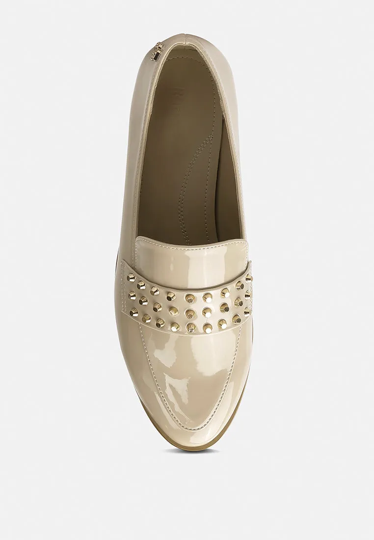 MEANBABE Semicasual Stud Detail Patent Loafers in Beige