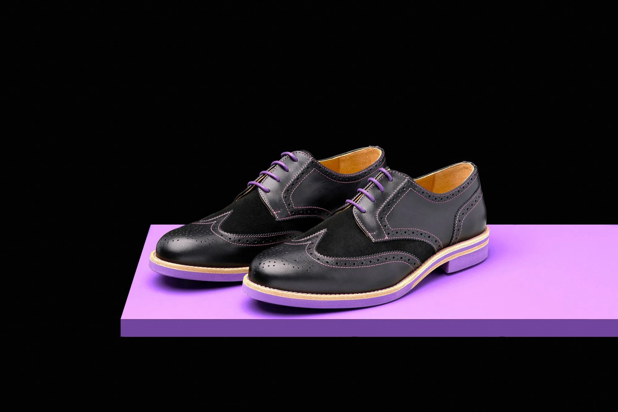 Mens Black & Purple Leather Wingtip Dress Shoes 111