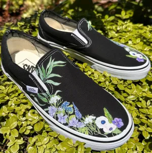 Purple Lavender Flower - Wedding Custom Slip On Vans Bridal Shoes Wedding Sneakers Wedding Shoes for Bride Brides Maids Maid of Honor Floral Black