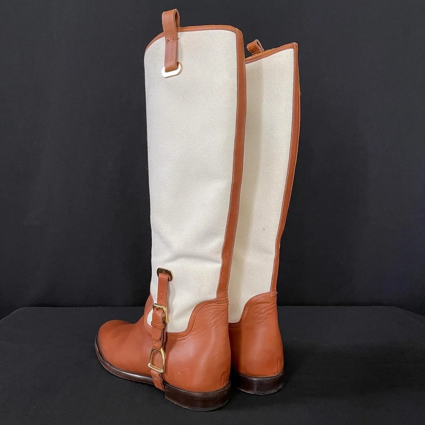 RALPH LAUREN Tan/White Canvas and Leather Riding Knee High Boots