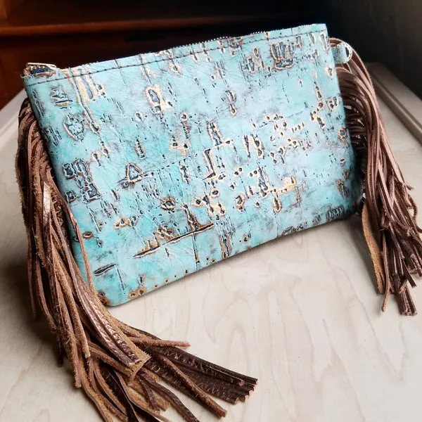 Turquoise Metallic Leather Clutch Handbag