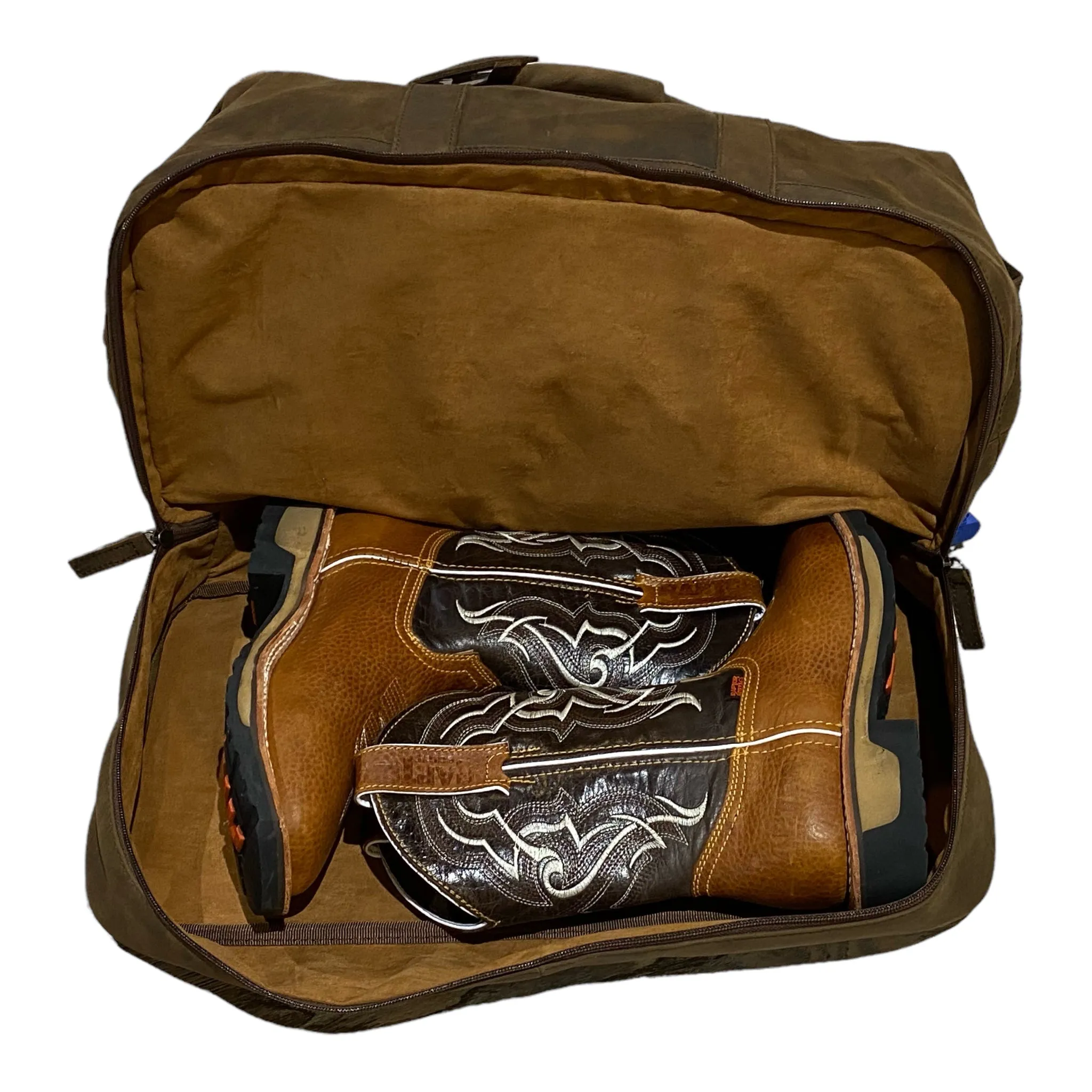 Weekender Bag with shoe compartment in brown color suede Leather - Professional Players Favorite - concealed carry!