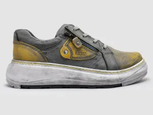 Women's Retro Zip-Up Leather Shoes - Grey/Yellow