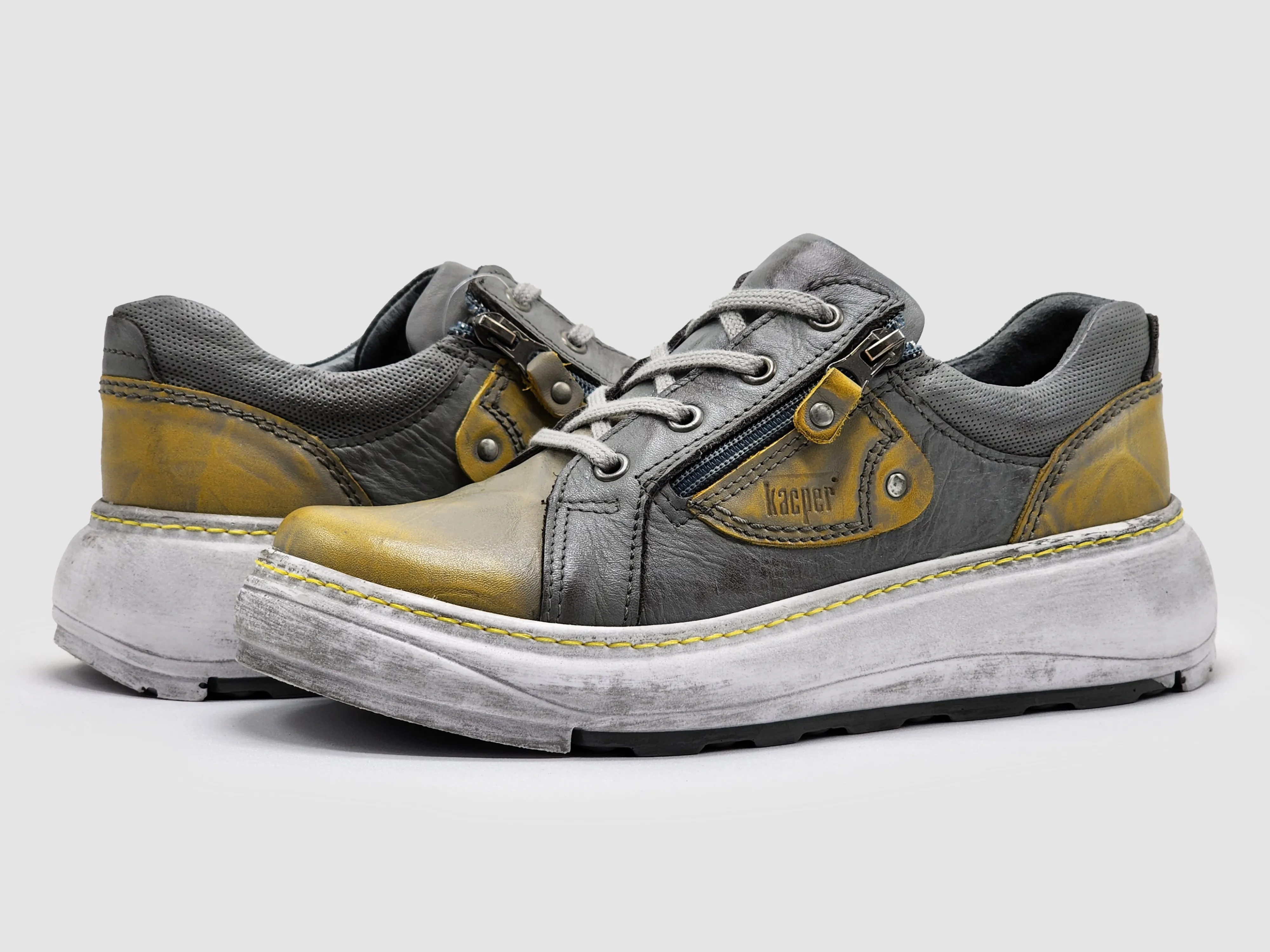 Women's Retro Zip-Up Leather Shoes - Grey/Yellow