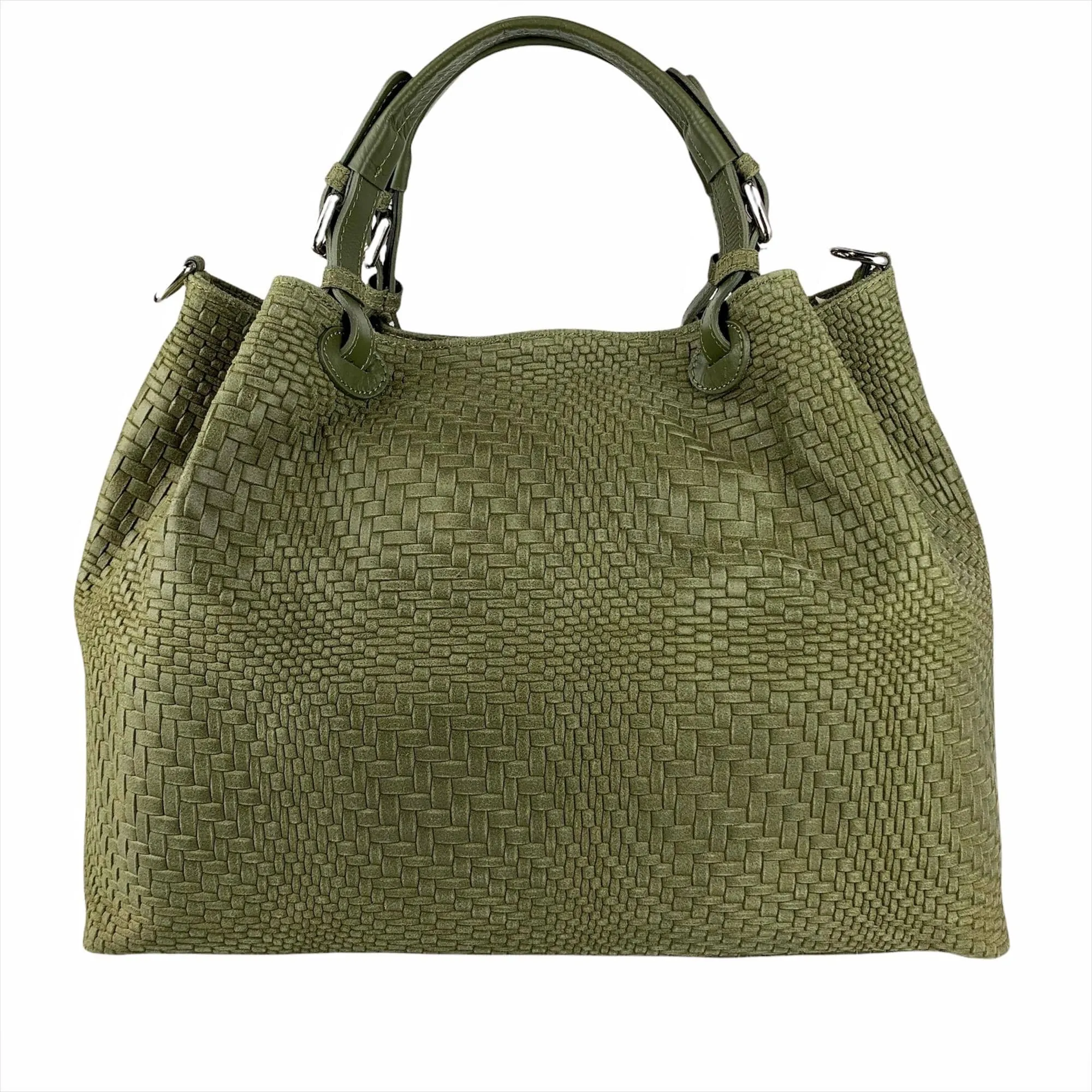 Woven Braided Pattern Olive Green Leather Large Handbag Handmade In Italy