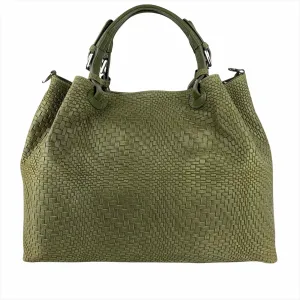 Woven Braided Pattern Olive Green Leather Large Handbag Handmade In Italy